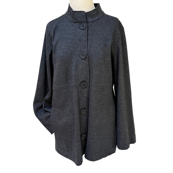 Eileen Fisher Jackets & Blazers - Eileen Fisher Womens Charcoal Gray Mock Neck Button Front Jacket Size M
